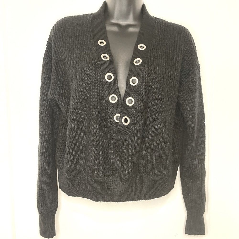 DIVIDED BY H&M BLACK KNIT RELAXED FIT DEEP V WOMENS SWEATER SIZE SMALL